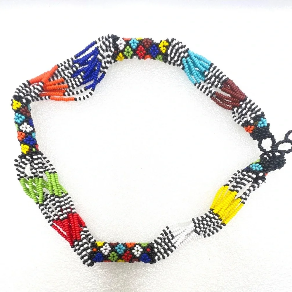 Ethnic Beaded Necklace Floral Geometric Colorful Adjustable Loop Closure Artisan